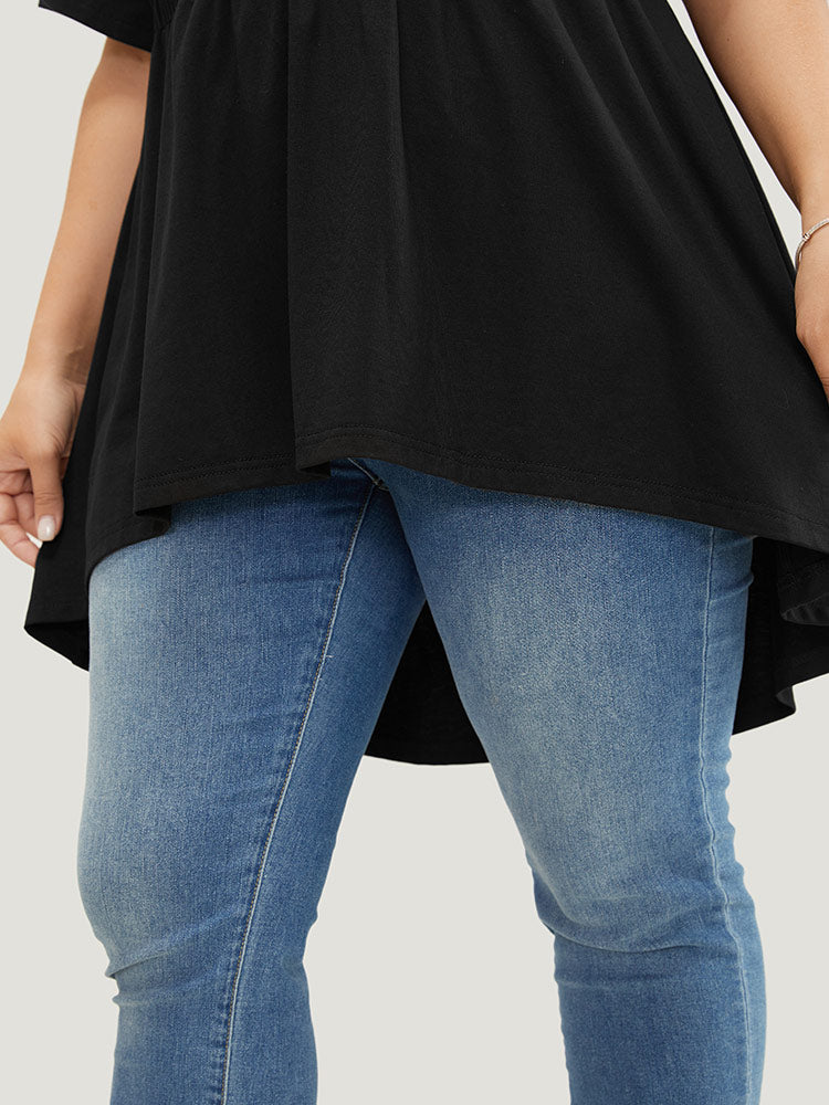 Plain Ruffle Sleeve Knotted Back Split Asymmetrical Hem T-shirt
