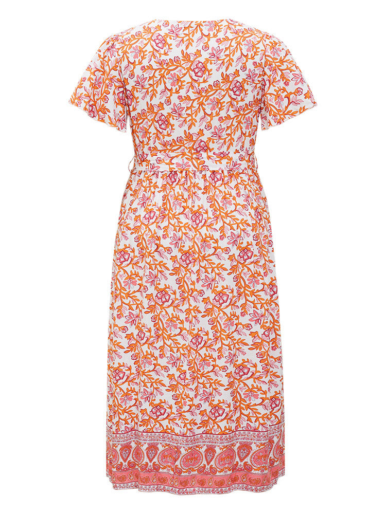 Paisley & Floral Flutter Hem Surplice Neck Pocket Belt Dress