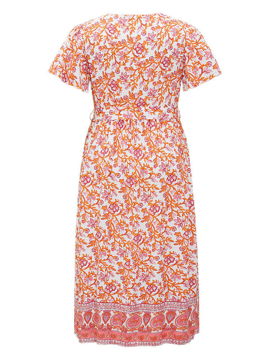 Paisley & Floral Flutter Hem Surplice Neck Pocket Belt Dress