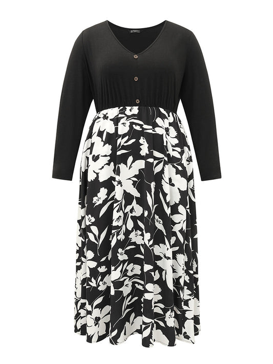 Silhouette Floral Print Patchwork Button Detail Dress