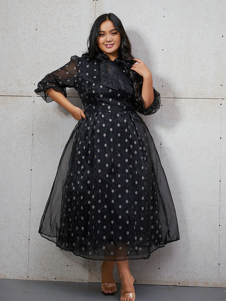 Daisy Embroidered Mesh Tie Neck Dress