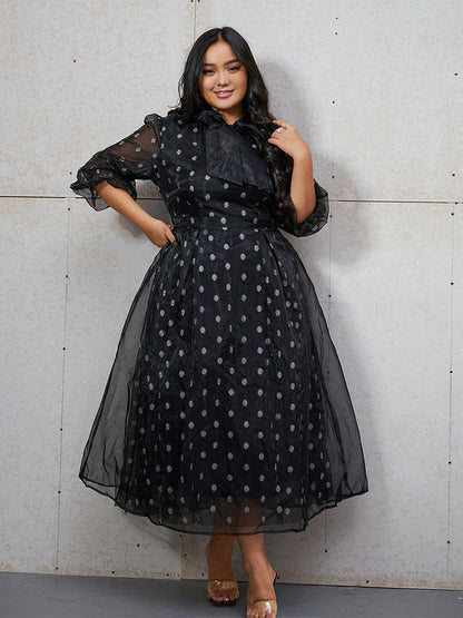 Daisy Embroidered Mesh Tie Neck Dress