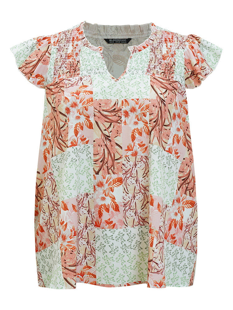 Plant Patchwork Frill Trim Notched Ruffle Sleeve Blouse