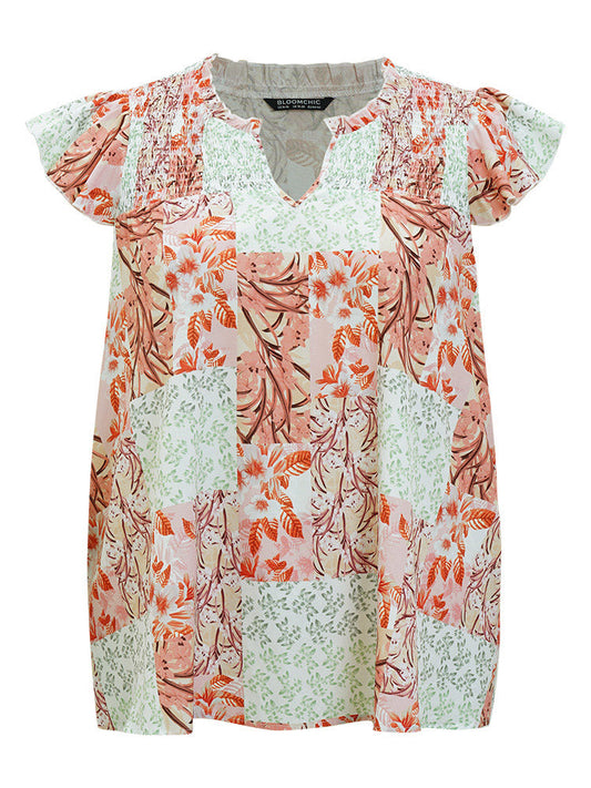 Plant Patchwork Frill Trim Notched Ruffle Sleeve Blouse