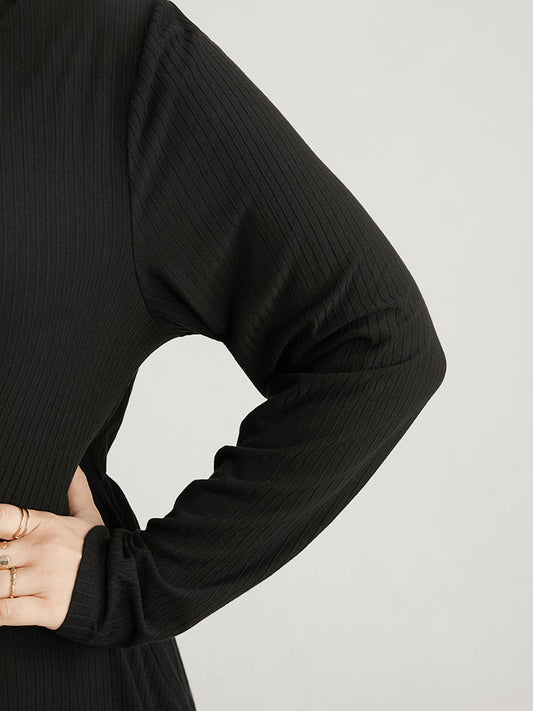 Solid V Neck Buckle Detail Rib Knit Long Tee