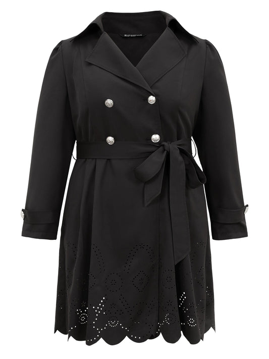 Plain Double Breasted Belted Laser Cut Coat