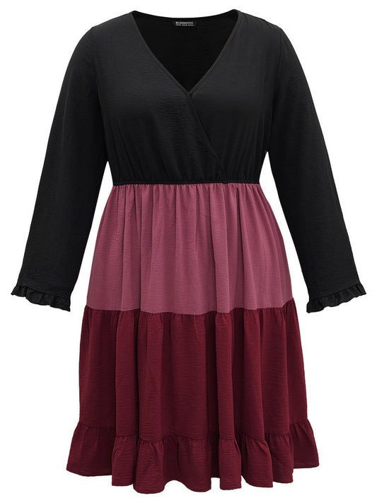 Colorblock Contrast Ruffle Layered Hem Dress