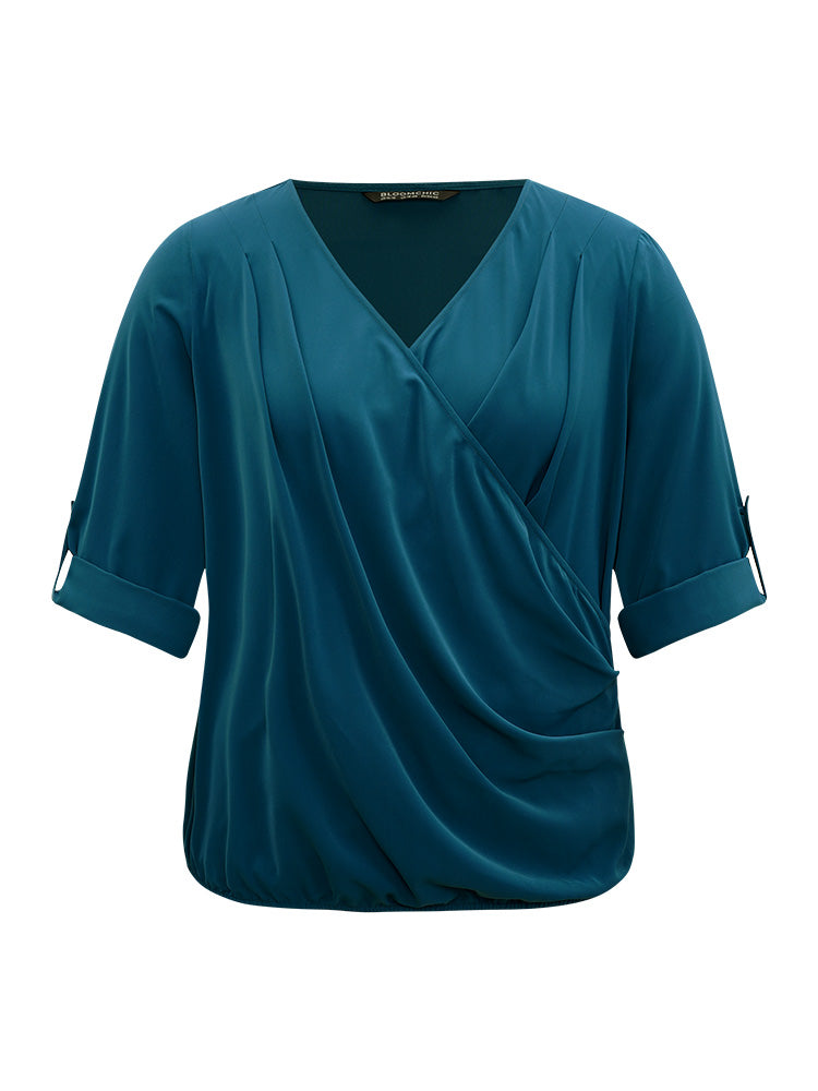 Solid Crossover Roll Tab Sleeve Blouse