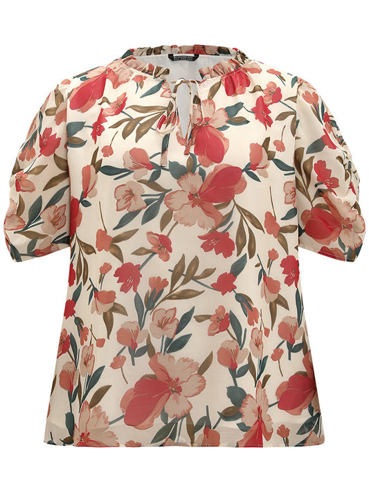 Floral Print Knot Neck Stand Collar Puff Sleeve Blouse