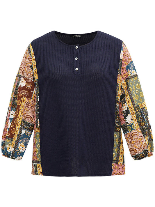 Boho Print Button Up Patchwork Lantern Sleeve Sweatshirt
