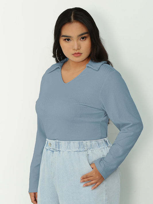 Lapel V-neck Long Sleeve T-shirt