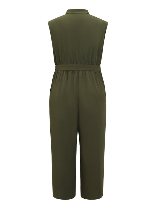 Solid Pocket Zip Up Plicated Detail Jumpsuit