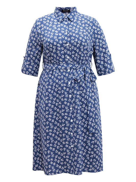 Ditsy Floral Belted Button Through Tab Sleeve Dress