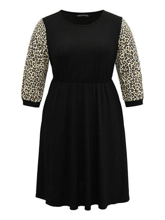 Leopard Patchwork Pocket Elastic Waist Dress