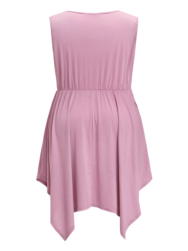 Solid Hanky Hem Pocket Lace Trim Tank Sleep Dress