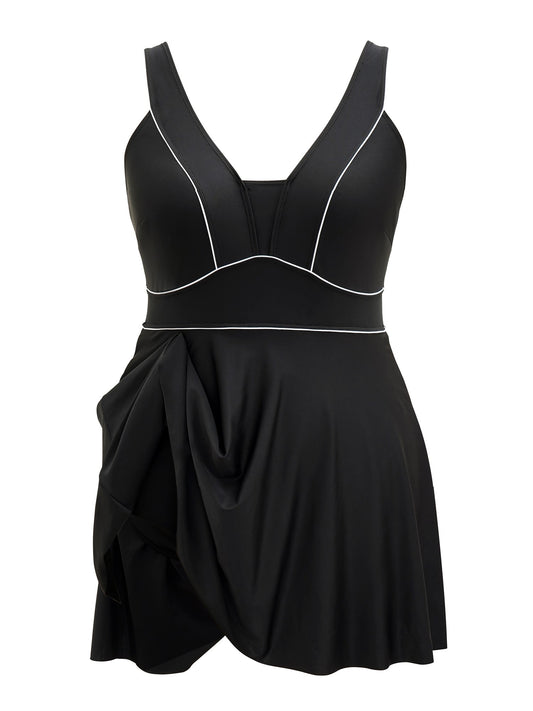 Contrast Trim Adjustable Straps Swim Dress