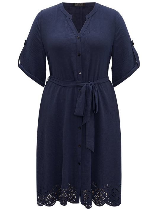 Plain Notched Belted Laser Cut Tab Sleeve Dress