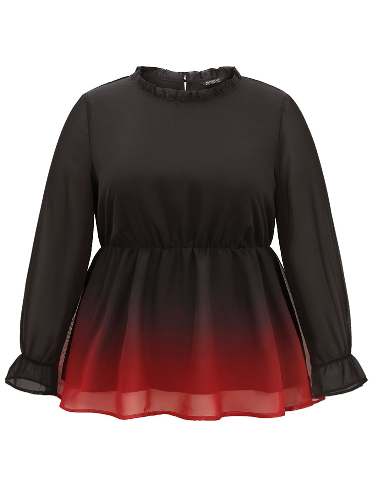 Ombre Contrast Frill Trim Ruffle Hem Blouse