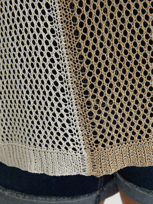 Colorblock Contrast Hollow Out Batwing Sleeve Knit Top