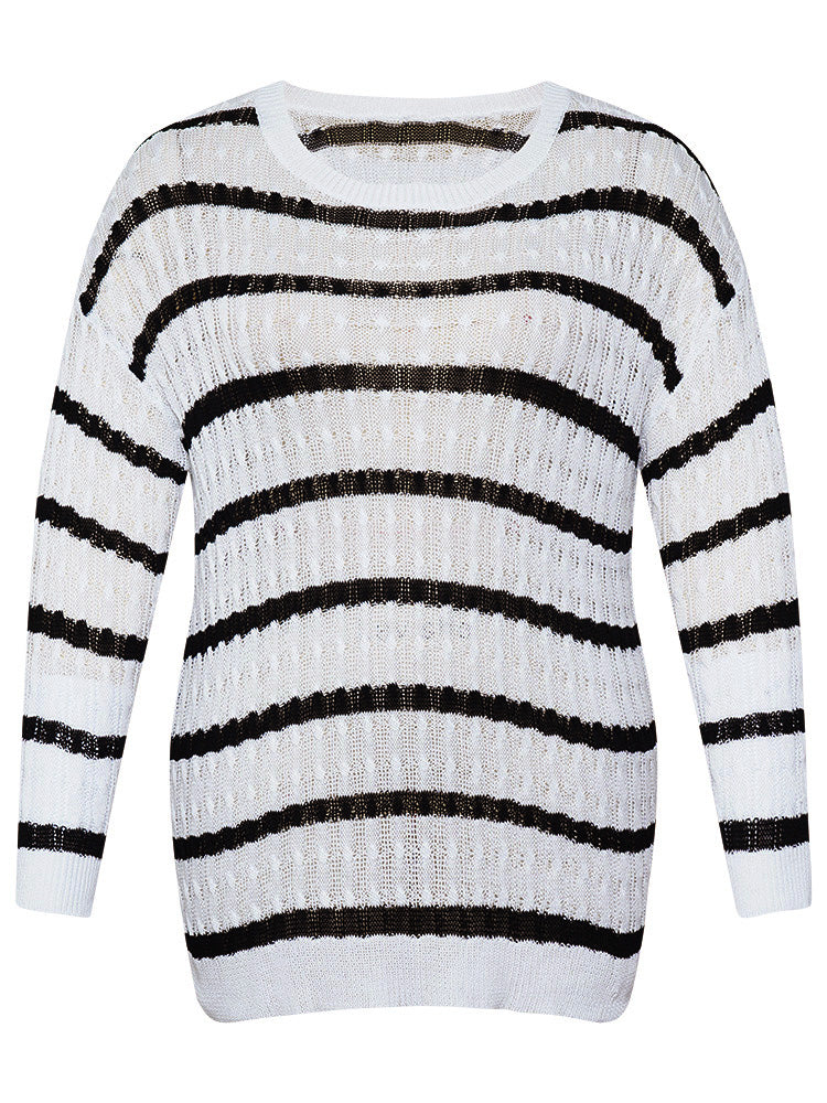 Striped Cable Knit Drop Shoulder Pullover