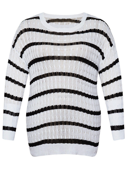 Striped Cable Knit Drop Shoulder Pullover