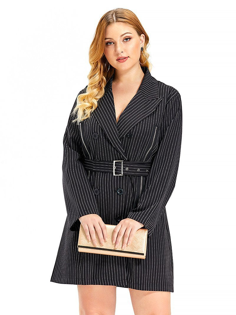 Stripe Zipper Detail Belt Trench Coat