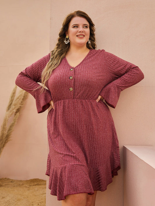 V-Neck Ruffle Button Dress