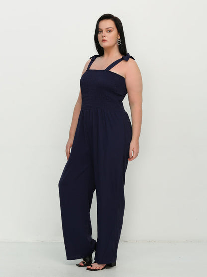 Knotted Shoulder Shirred Jumpsuit