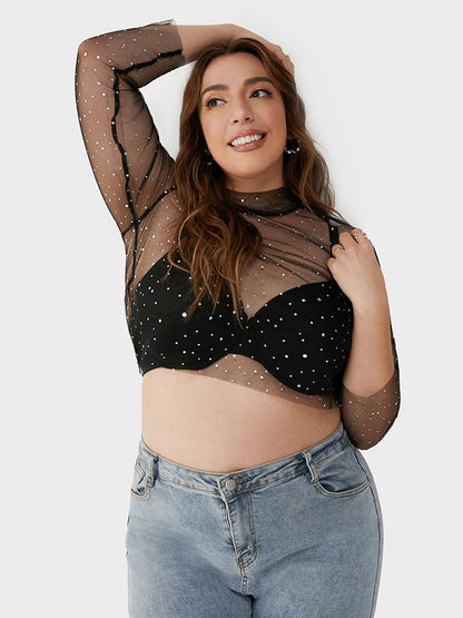 Galaxy Print Mesh Mock Neck Bodycon T-shirt