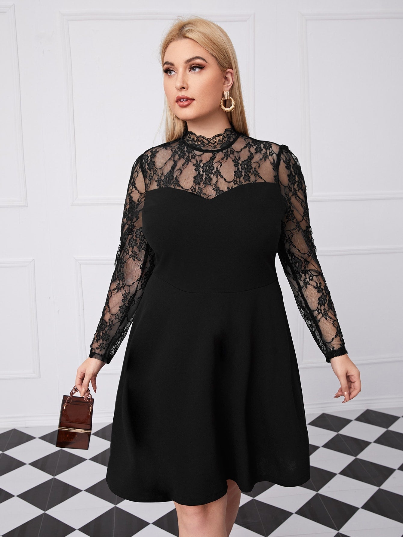 Mock-Neck Lace Yoke and Sleeve Dress