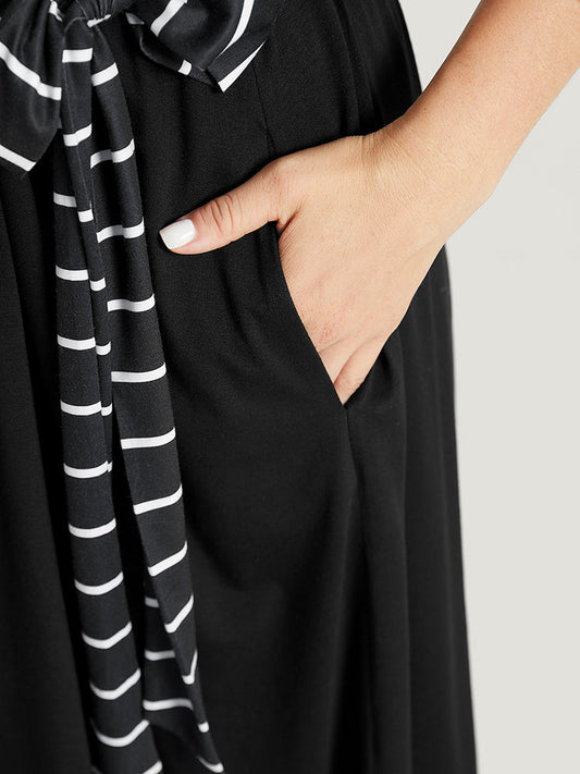 Striped Patchwork Pocket Ruffle Hem Belted Knee Dress