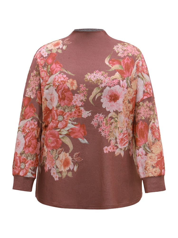 Floral Print Mock Neck Elastic Cuffs Sweatshirt