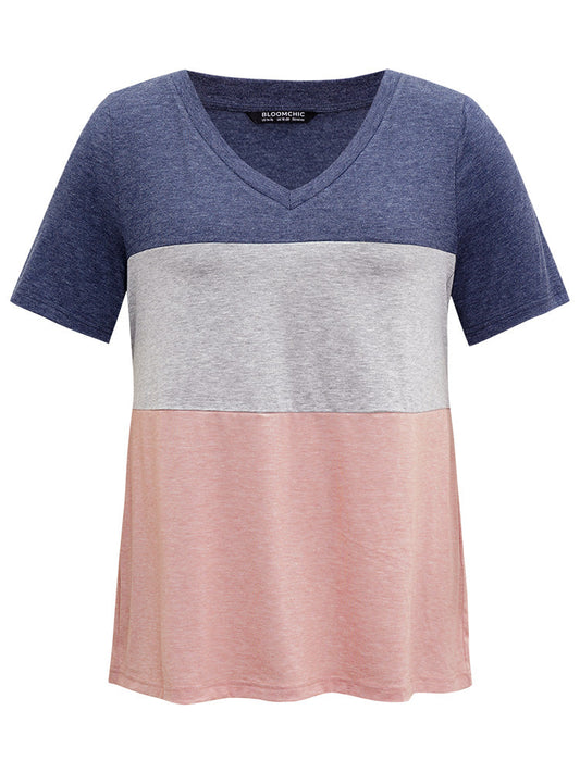 Colorblock Contrast V Neck T-shirt