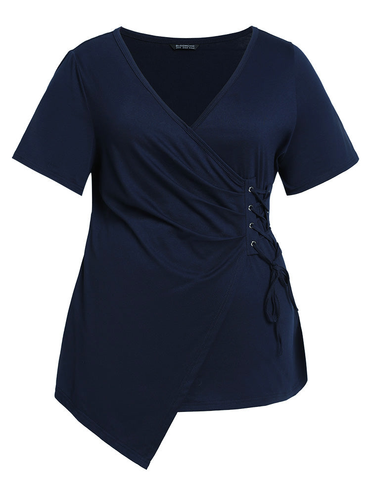 Solid Wrap Lace Up Side Asymmetrical Hem T-shirt