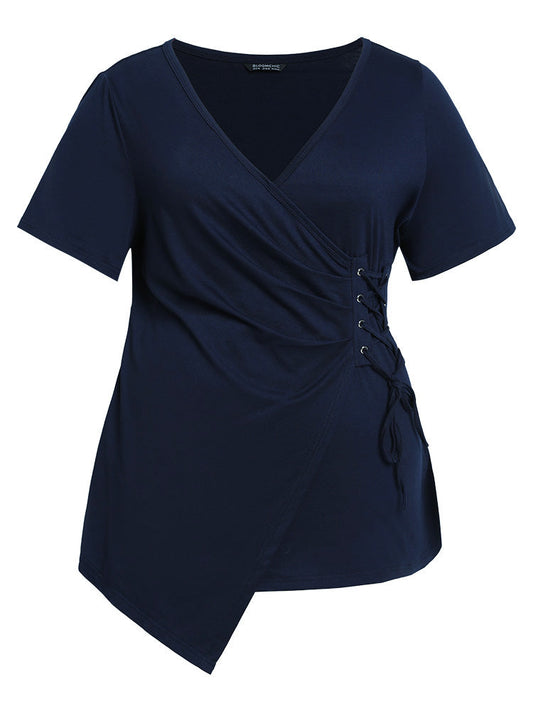 Solid Wrap Lace Up Side Asymmetrical Hem T-shirt