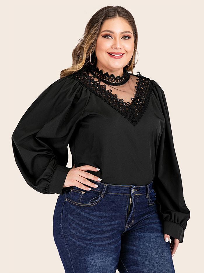 Lace Patchwork Solid Color Tops