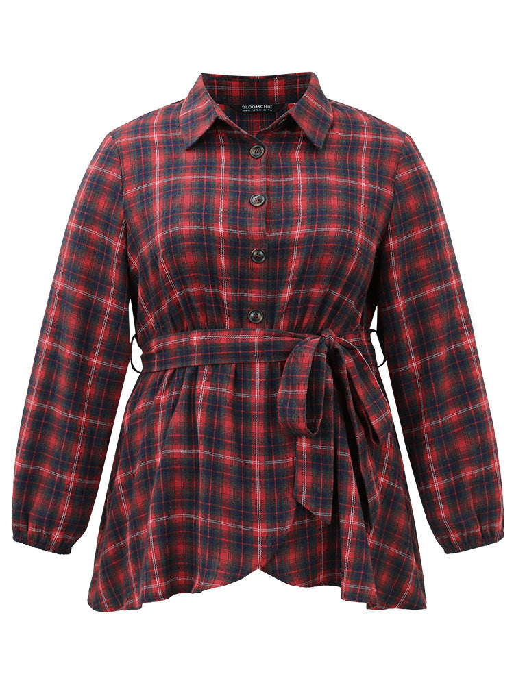Plaid Shirt Collar Belted Button Through Blouse