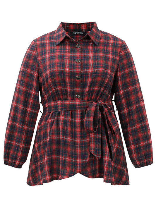 Plaid Shirt Collar Belted Button Through Blouse