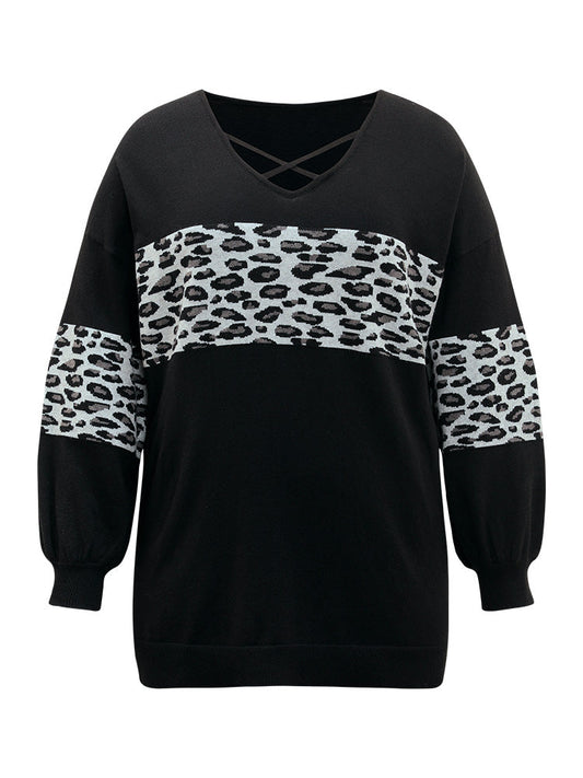 Anti-Pilling Leopard Patchwork Crisscross Neck Pullover