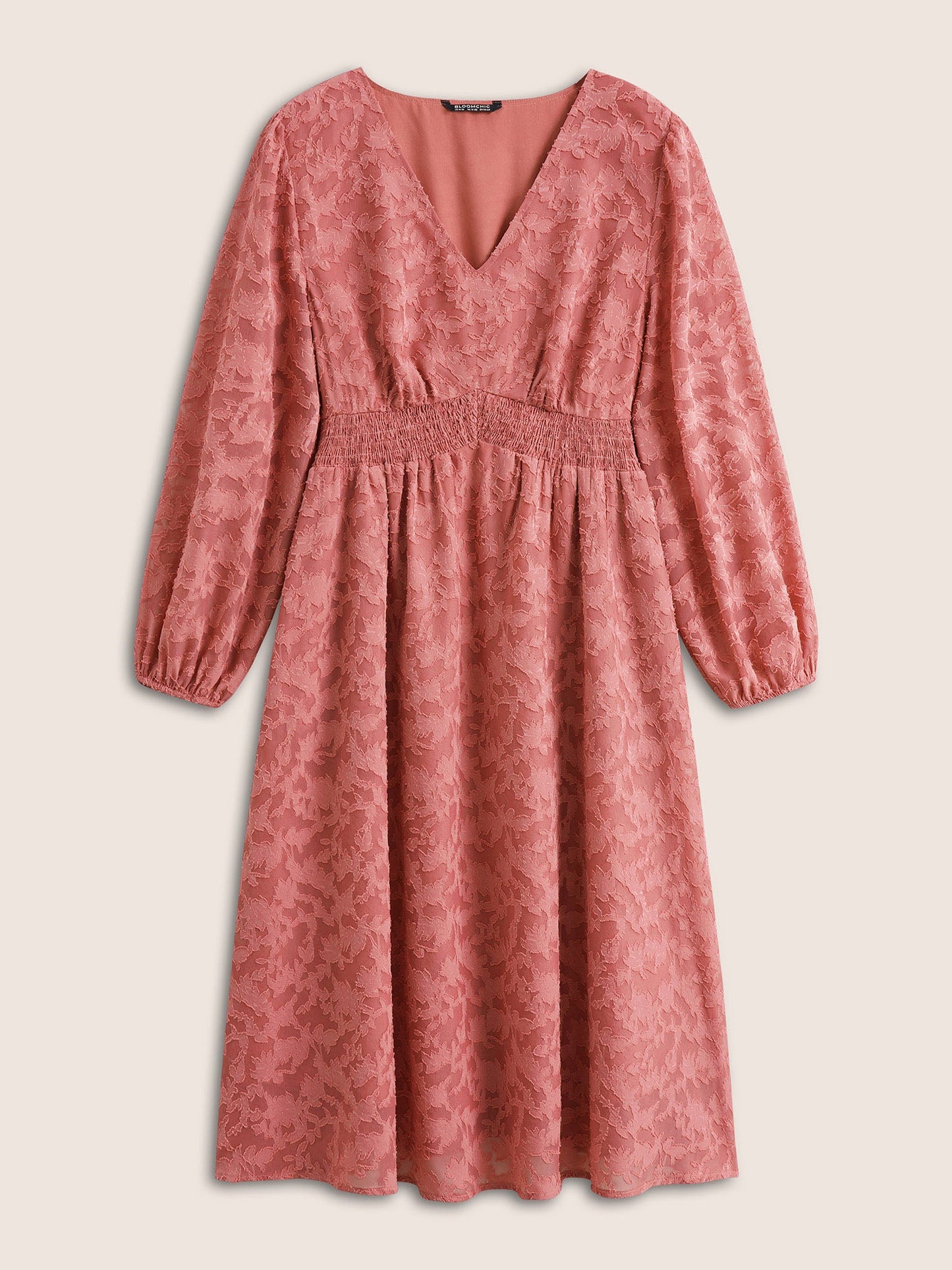 Jacquard Texture Shirred Elastic Waist Dress