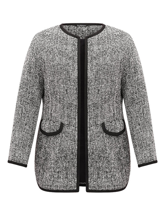 Tweed Flap Pocket Open Front Contrast Trim Blazer