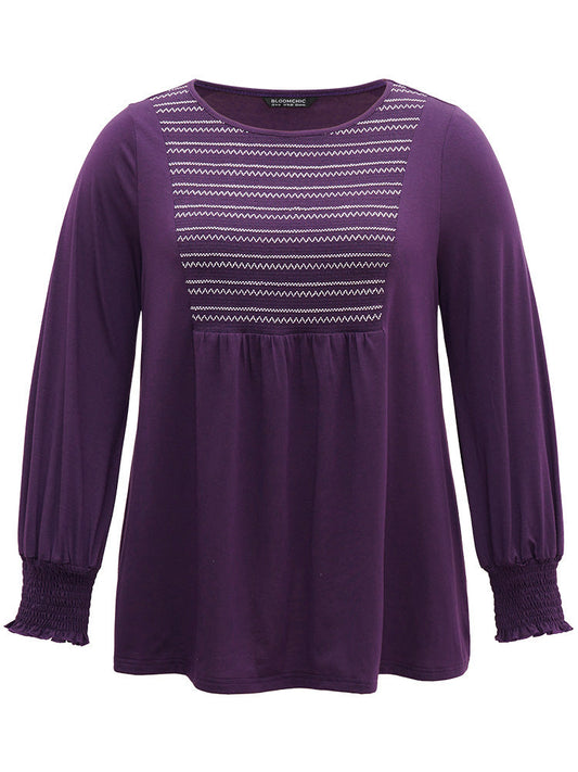 Geometric Shirred Ruffles Crew Neck T-shirt