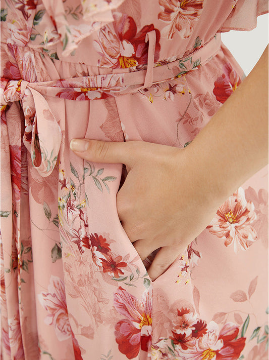 Floral Belted Pocket Ruffle Trim Chiffon Dress