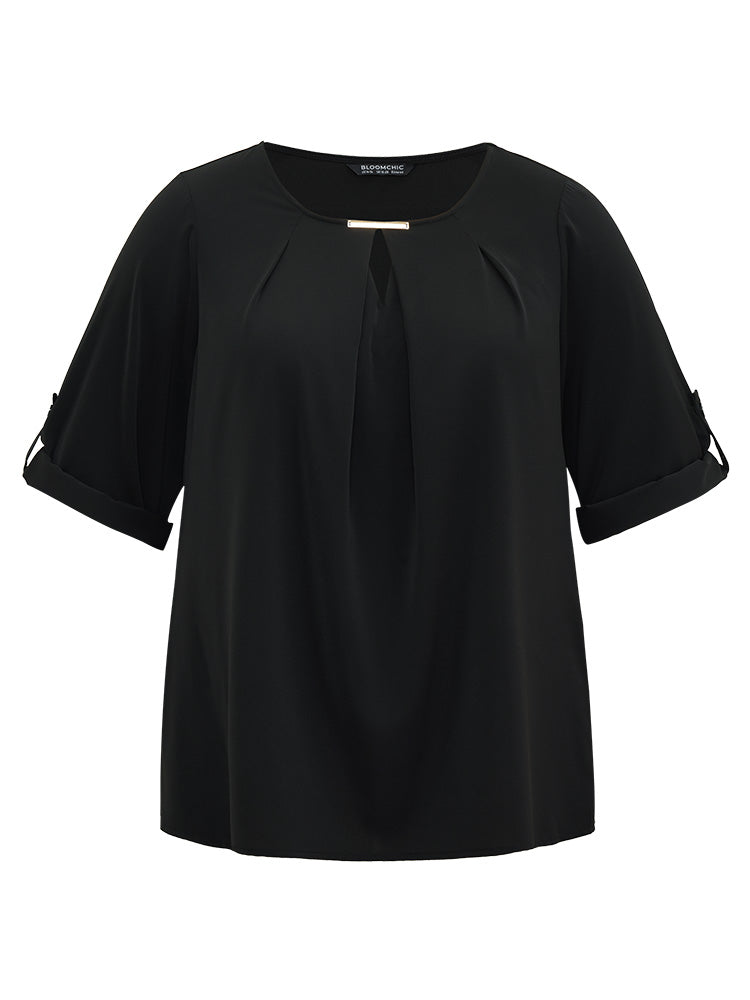 Anti-Wrinkle Buckle Detail Keyhole Tab Sleeve Blouse