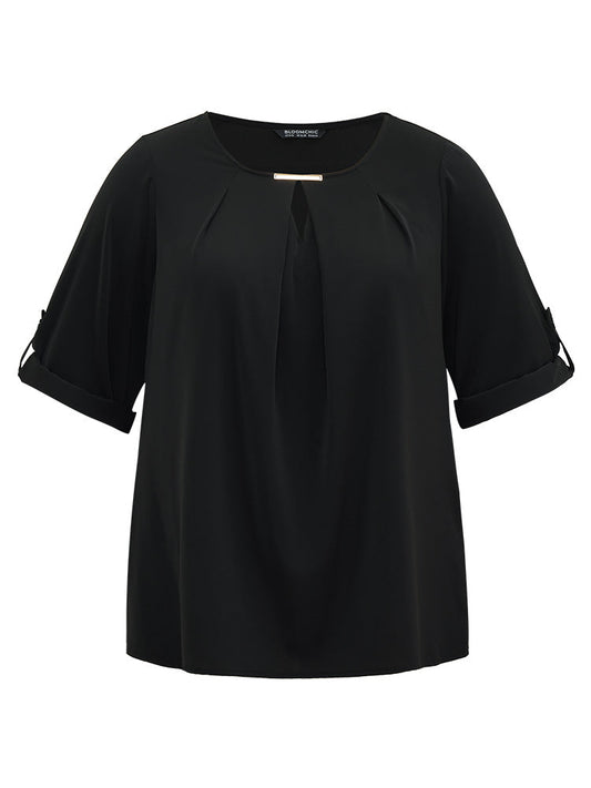 Anti-Wrinkle Buckle Detail Keyhole Tab Sleeve Blouse