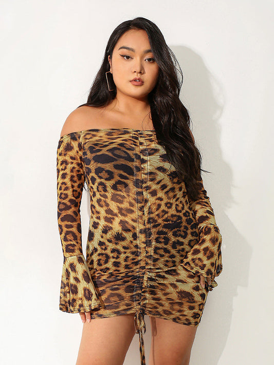 Off Shoulder Drawstring Leopard Dress