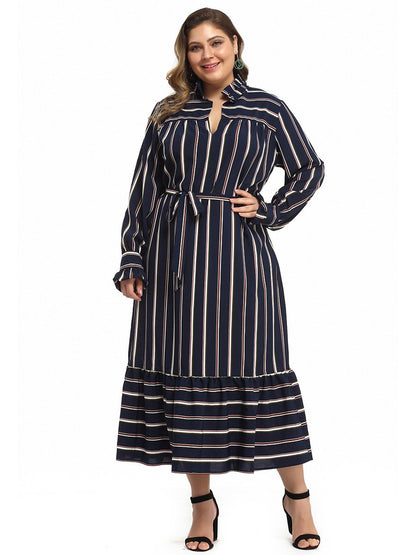 Stripe V-neck Belt Casual Maxi Dress