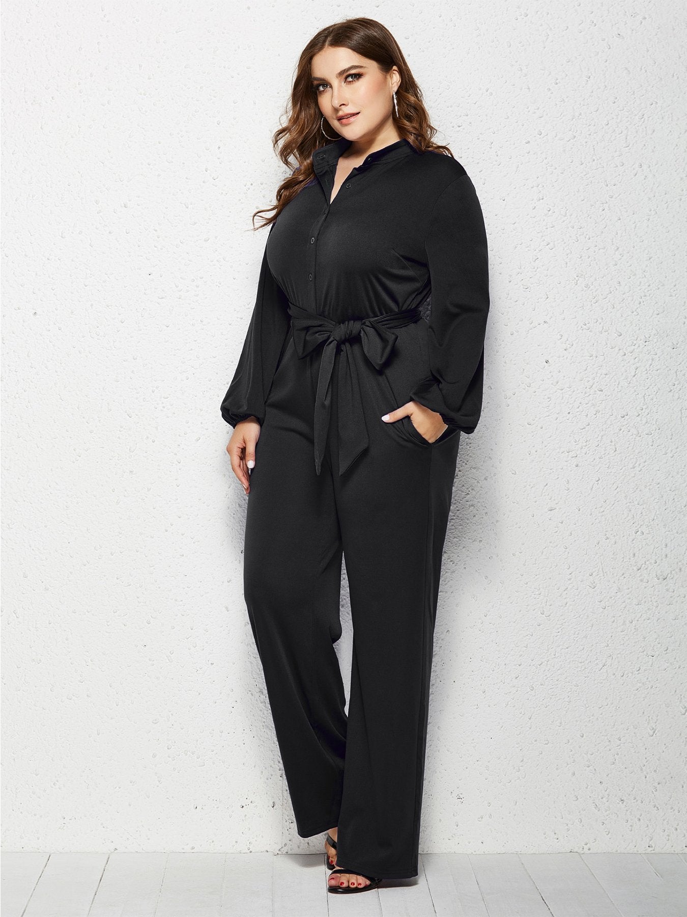 Solid Color Belt Lantern Sleeve Jumpsuits
