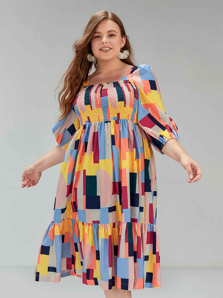 Geo Print Square Collar Dress