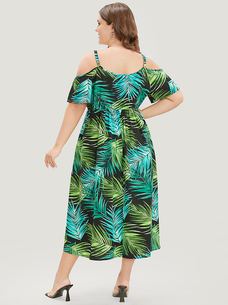Plant Print Wrap Pocket Cold Shoulder Flutter Split Hem Dress